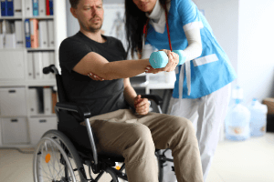 man in a wheelchair at a clinic